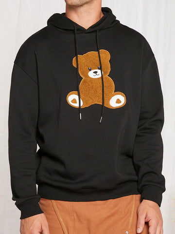 Oversized Men's Bear Embroidery Drawstring Hoodie