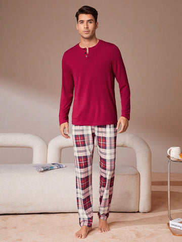 Men's Slim Fit Plaid Pattern Homewear Set