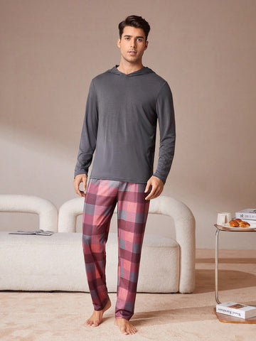 Men's Hooded Sweatshirt And Plaid Pants Homewear Set