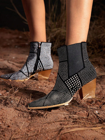 Ladies' Fashionable Short Boots With Diamond Patchwork