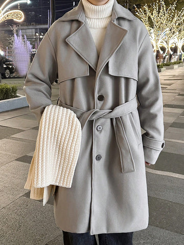 Men's Solid Color Lapel Collar Single Breasted Woolen Coat