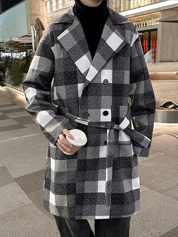 Men's Plaid Double-Breasted Trench Coat