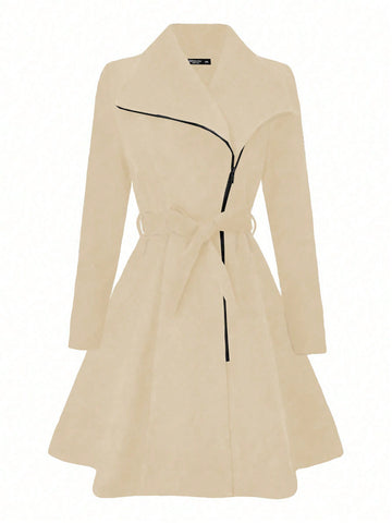 Plus Size Women's Zipper Front Belted Hooded Woolen Coat