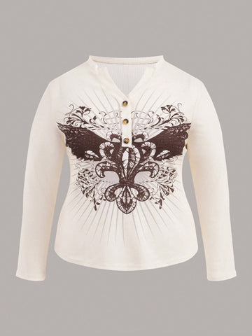 Plus Butterfly Print Button Front Tee