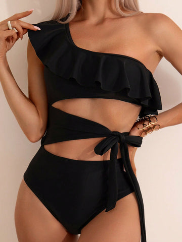 Hollow Out One-piece Swimsuit With Ruffle Trim