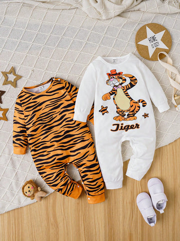 Baby Boys' 2pcs/set Knitted Long Sleeve Jumpsuit With Tiger Printed Pattern, Soft And Skin-friendly, Suitable For Autumn And Winter