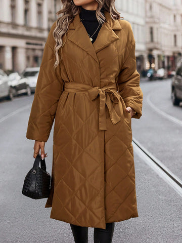 Diamond Quilted Pleated Long Coat With Waist Belt