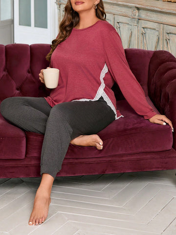 Plus Size Women's Lace Patchwork Colorblock Pajama Set
