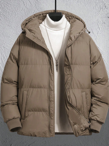 Loose-Fit Men's Drawstring Hooded Zip-Up Puffer Coat Without Sweater