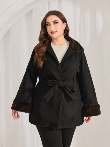 Plus Size Wool Blend Coat With Raglan Sleeve, Plush Collar & Waist Belt