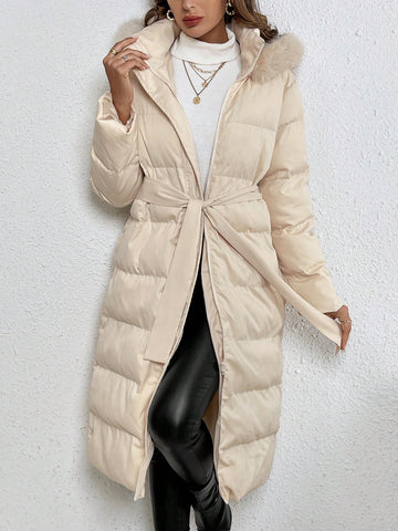 Women's Solid Color Zipper Front Plush Edged Hooded Waist Belted Padded Jacket