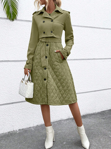 Women'S Lapel Collar Double Breasted Belted Trench Coat
