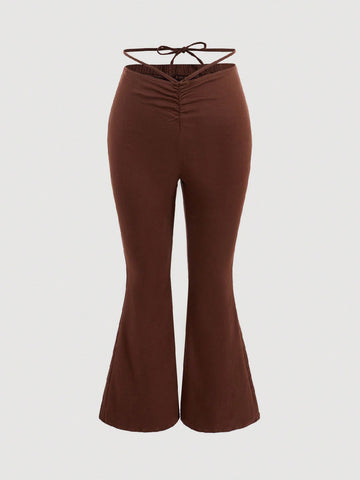 Casual Drawstring Low-Waist Plus Size Women'S Tight Flared Jeans In Brown