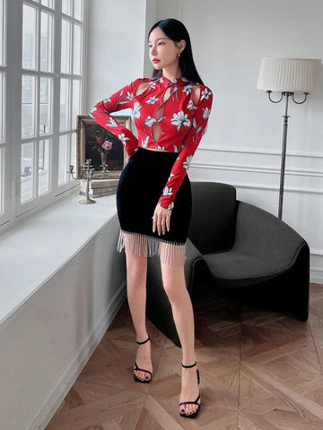 New Chinese Style Stand Collar Hollow Out Long Sleeve Women'S Top