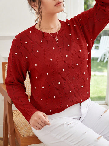 Plus Pearls Beaded Pointelle Knit Sweater