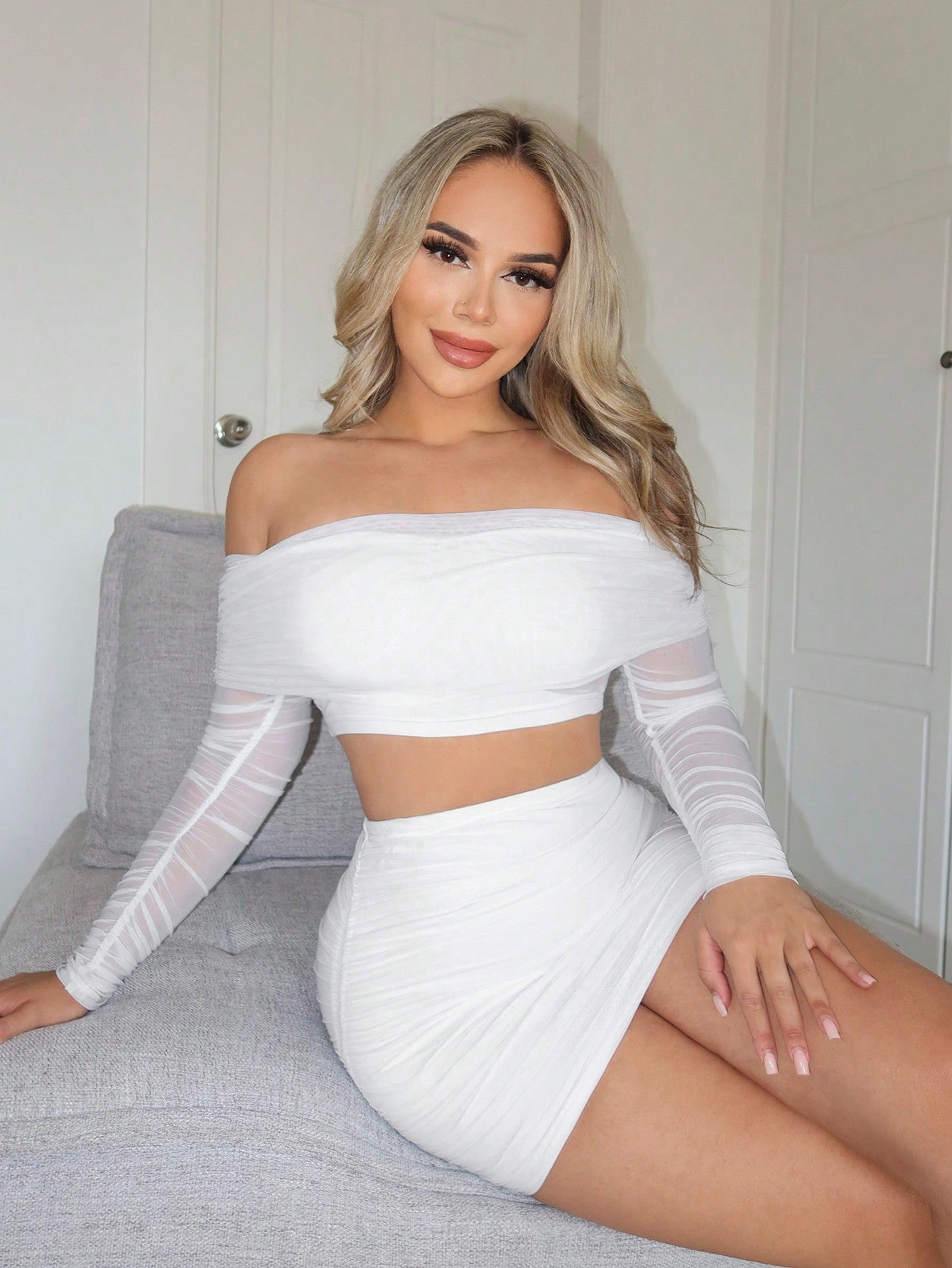 Foldover Off Shoulder Ruched Crop Top & Bodycon Skirt