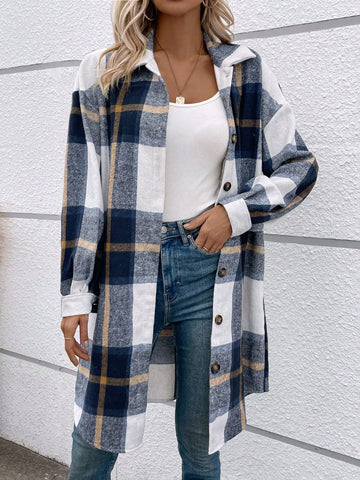 Ladies' Plaid Oversized Peacoat With Shirt Collar