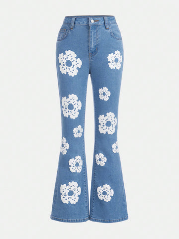 Tween Girl Floral Print Flare Leg Jeans