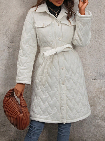 Women Flap Pocket Button Up Belted Winter Coats