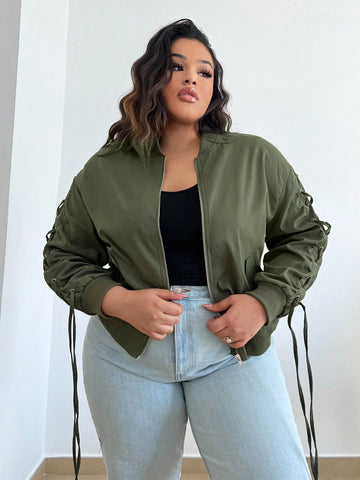 Plus Size Side Lace-up Detail Zippered Jacket