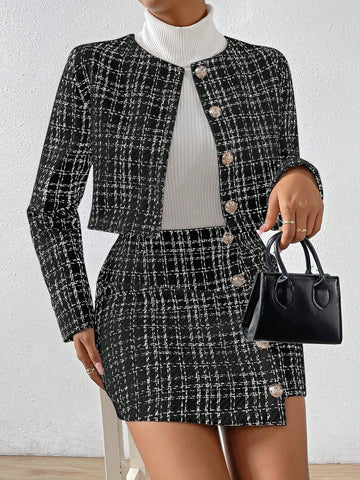 Ladies' Two Piece Set With Plaid Print And Button Decor