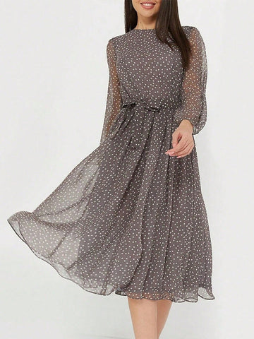 Polka Dot Printed Lantern Sleeve Belted Dress Flowy Dress
