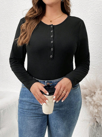 Plus Size Button Front Half-opened Ribbed Bodysuit
