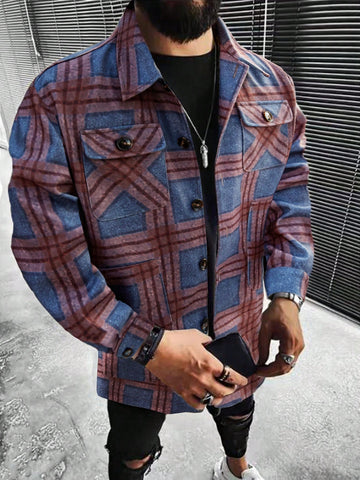 Men's Loose Fit Plaid Button Up Overcoat With Flap Pockets