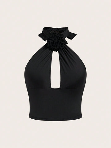 Plus 3D Rose Cut Out Front Backless Halter Top
