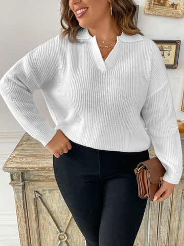 Plus Size Notched V-neck Pullover Solid Color Knit Sweater