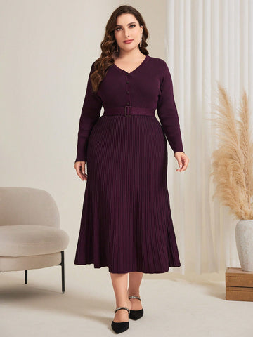 Plus Size Solid Color Knitted Sweater Dress