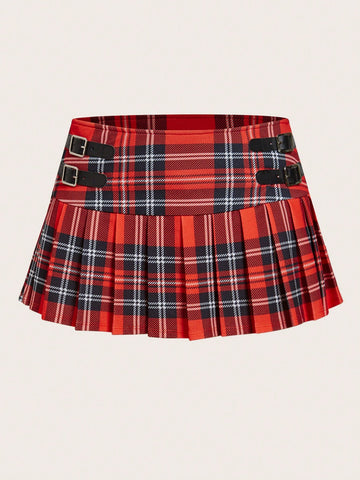 Plaid Buckle Detail Pleated Skirt