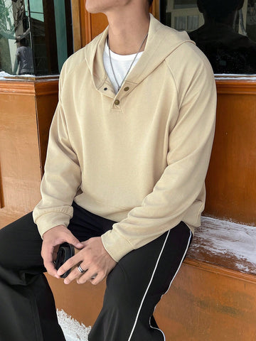 Oversized Men's Hooded Waffle Knit Sweatshirt With Button Detail