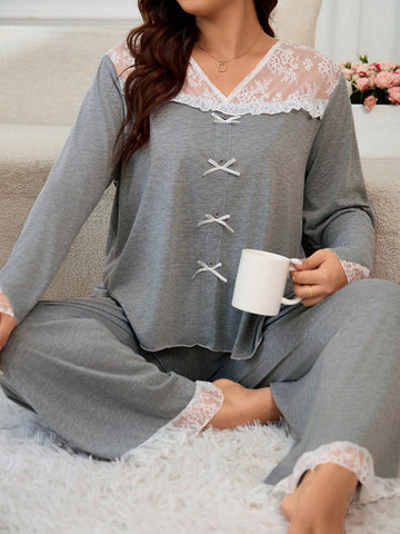 Plus Size Lace Patchwork Pajama Set