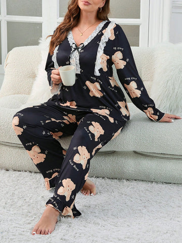 Plus Size Women's Cartoon Bear Lace Trim Pajama Set