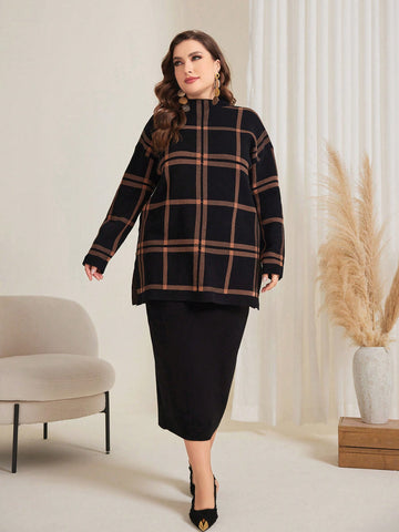 Plus Size Women'S Plaid Drop Shoulder Long Sweater And Knitted Skirt Set