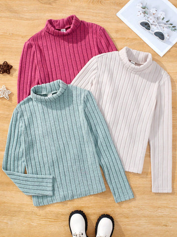 3pcs/set Tween Girls' Casual Slim Fit Knitwear With High Collar For Basic Outfit