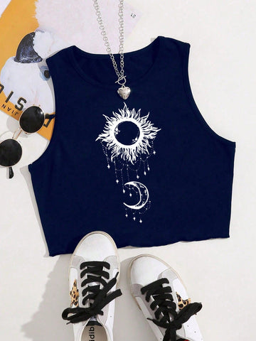 Sun And Moon Printed Short Tank Top For Summer