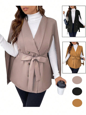 Plus Size Monochrome Cape Suit With Double-breasted Belted Waist