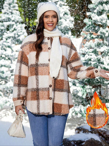 Women'S Plus Size Plaid Buttoned Teddy Coat Made With Shearling
