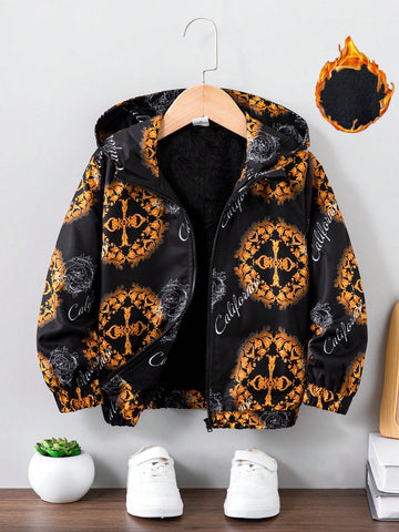 Boys' Baroque Pattern Zipper Front Hooded Jacket With Fleece Lining