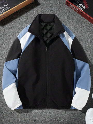 Men's Loose Fit Color Block Zipper Front Padded Jacket