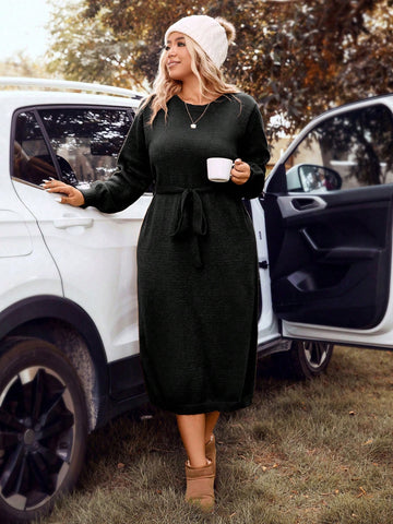 Plus Size Solid Color Belted Sweater Dress