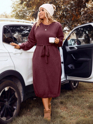 Plus Size Solid Color Lantern Sleeve Sweater Dress With Belt
