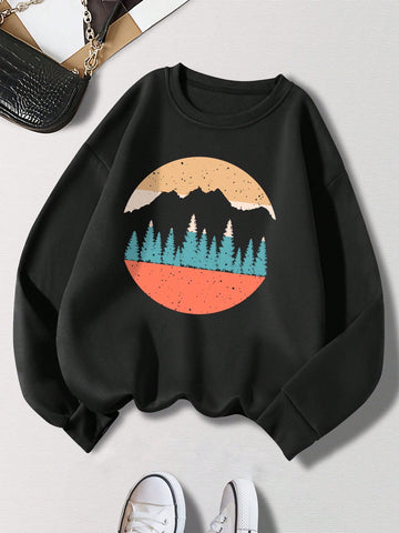 Mountain, River And Pine Tree Print Round Neck Drop Shoulder Sleeve Sweatshirt