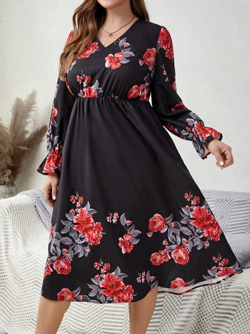 Plus Size Women'S Floral Printed Ruffle Sleeve Dress