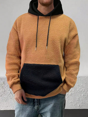Men's Loose Colorblock Hooded Fuzzy Sweatshirt
