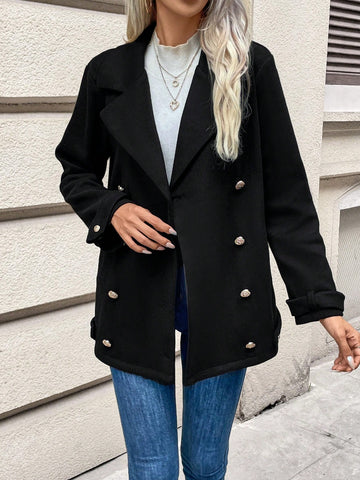 Women's Double-breasted Woolen Coat With Lapel Collar