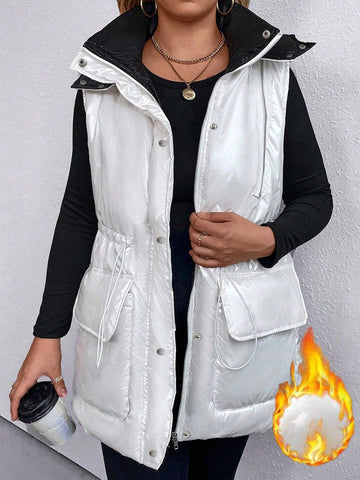 Plus Size Color-block Sleeveless Hooded Padded Vest With Flap Pocket And Waist Drawstring