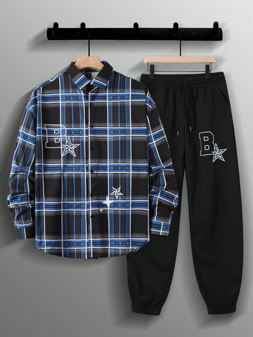 2pcs/Set Men Star & Letter Print Plaid Shirt And Pants